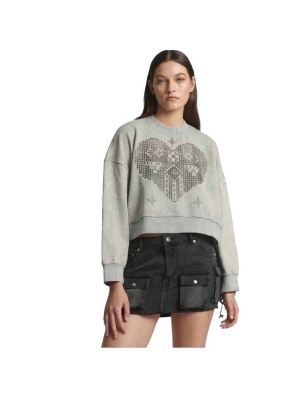 One Teaspoon Studded Heart Cropped Sweatshirt Grey Marl Medium EUC